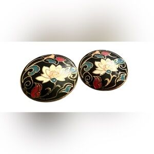 Black Floral Cloisonné Round Stud Earrings with Gold Accents